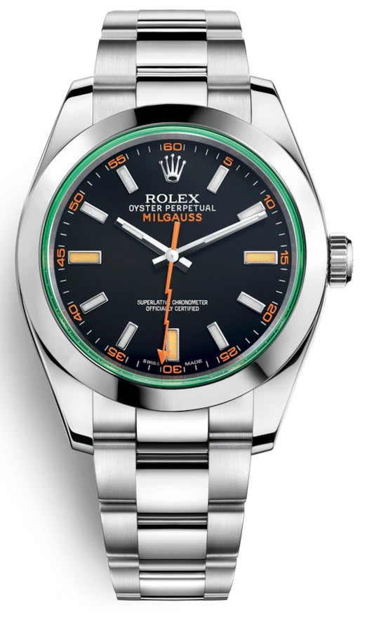 Rolex Milgauss Black Dial Stainless Steel Oyster Bracelet Orange GREEN Accent 116400