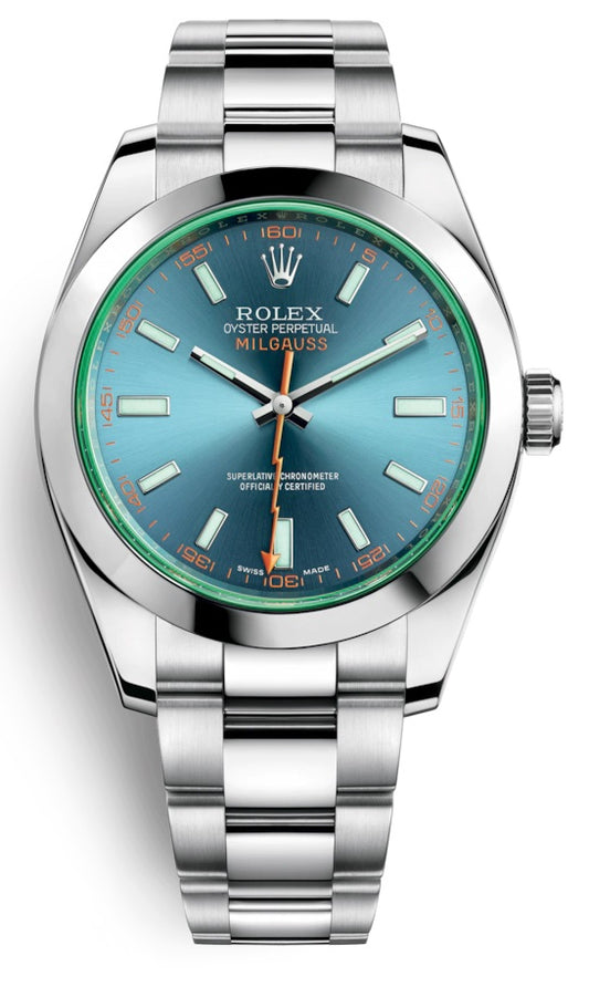 Rolex Milgauss Blue Dial Stainless Steel Oyster Bracelet Orange Accent 116400