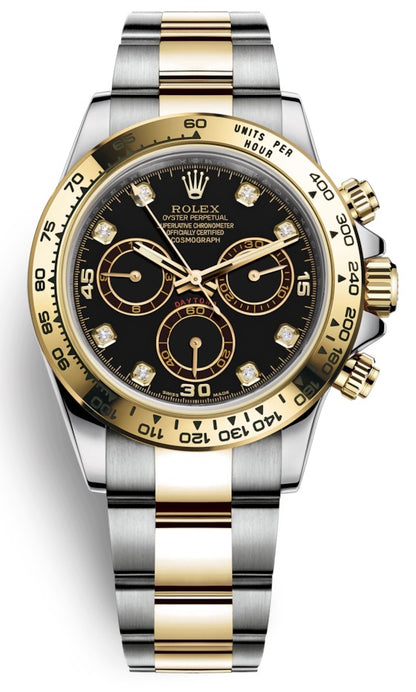 Rolex Cosmograph Daytona 40mm Two Tone Steel and Yellow Gold Black Diamond Dial Chronograph 116503