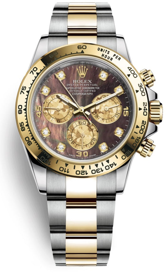 Rolex Cosmograph Daytona Steel and Gold Black MOP Gold Crystals Diamond Oyster 116503