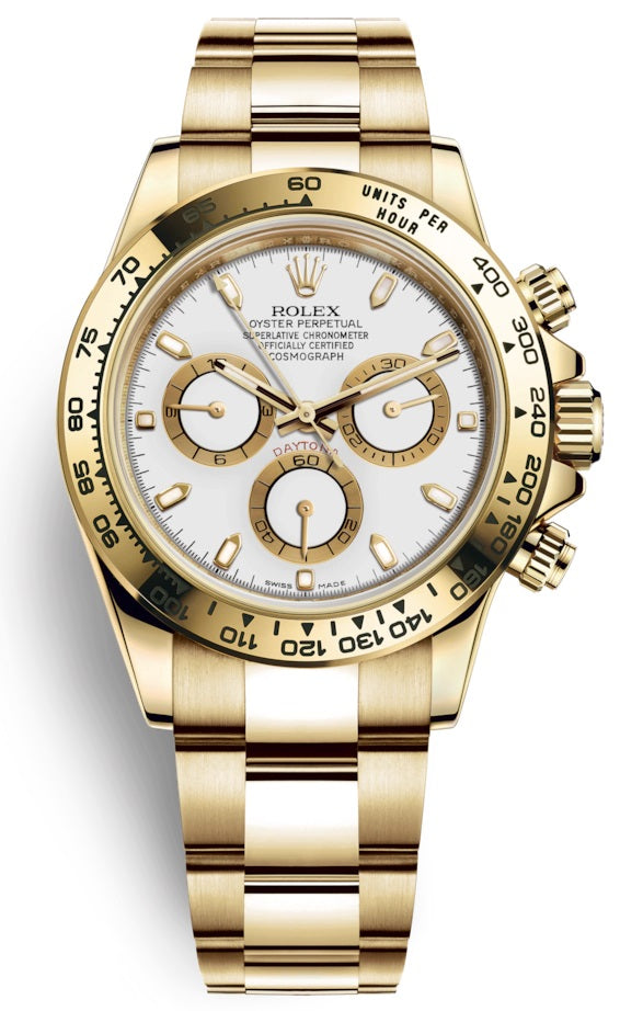 Rolex Cosmograph Daytona 40mm 18k Yellow Gold White Index Dial Chronograph 116508