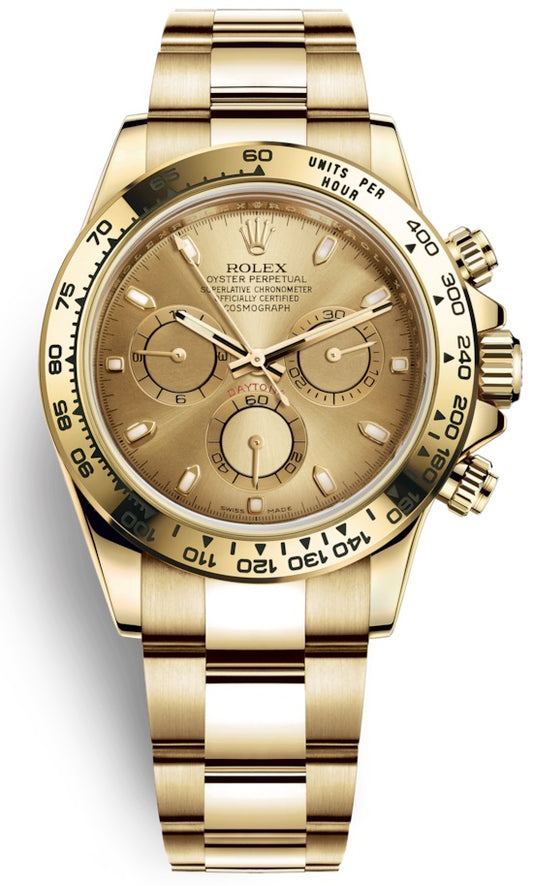 Rolex Cosmograph Daytona 40mm 18k Yellow Gold Champagne Index Dial Chronograph 116508