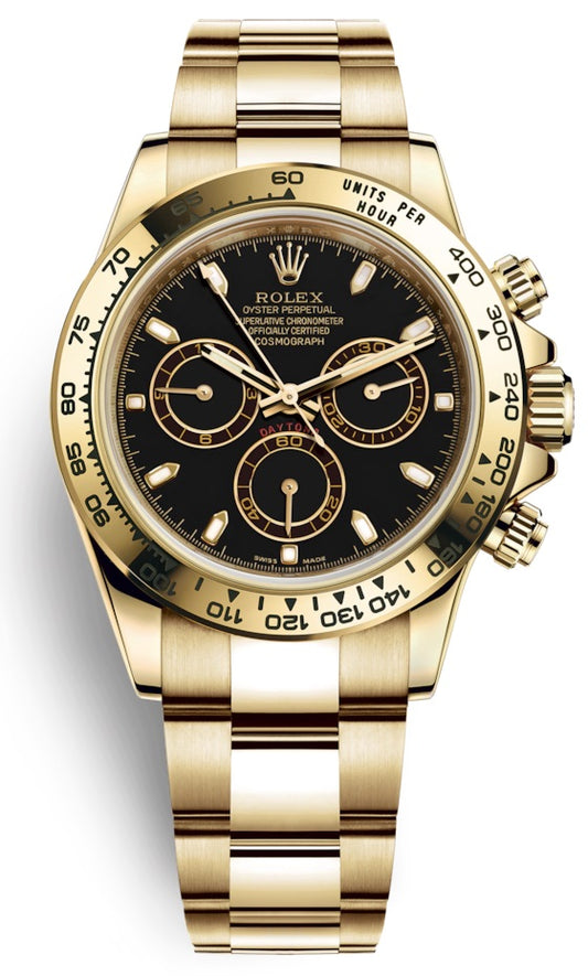 Rolex Cosmograph Daytona 40mm 18k Yellow Gold Black Index Dial Chronograph 116508
