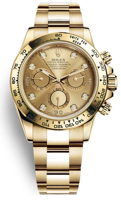 Rolex Cosmograph Daytona 40mm 18k Yellow Gold Champagne Diamond Dial Chronograph 116508