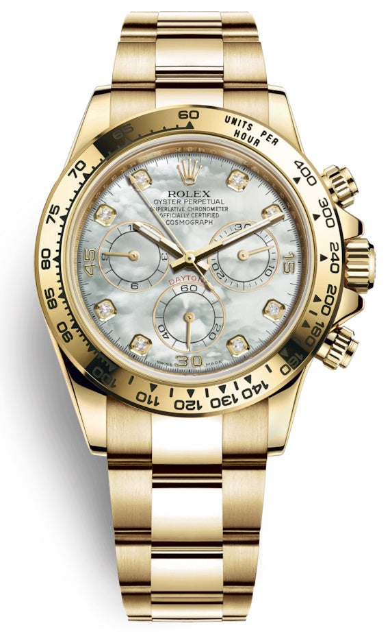 Rolex Cosmograph Daytona 40mm 18k Yellow Gold White Mother of Pearl Diamond Dial Chronograph 116508