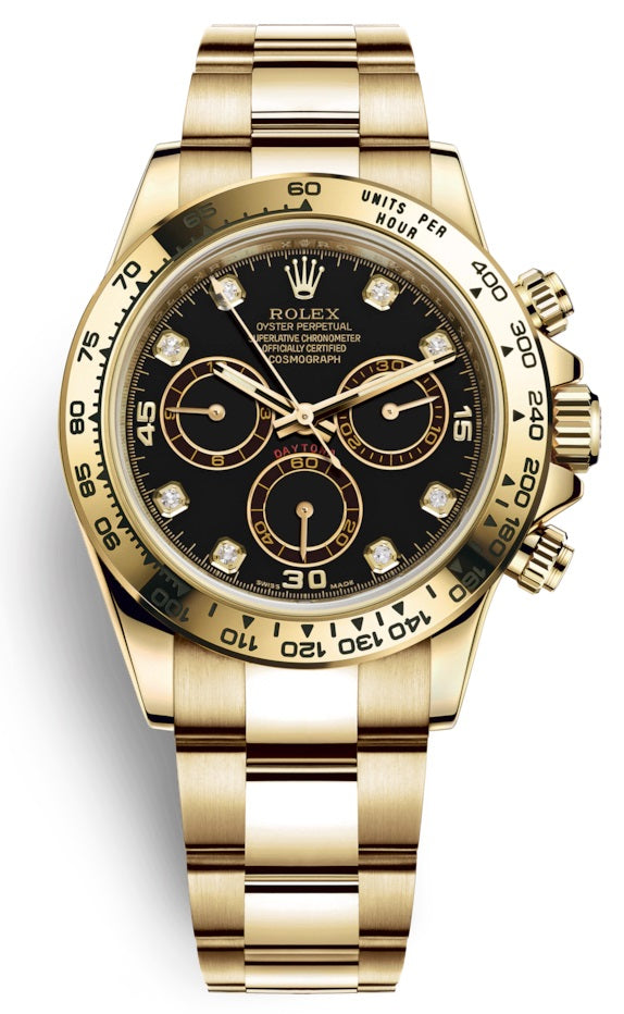 Rolex Cosmograph Daytona 40mm 18k Yellow Gold Black Diamond Dial Chronograph 116508