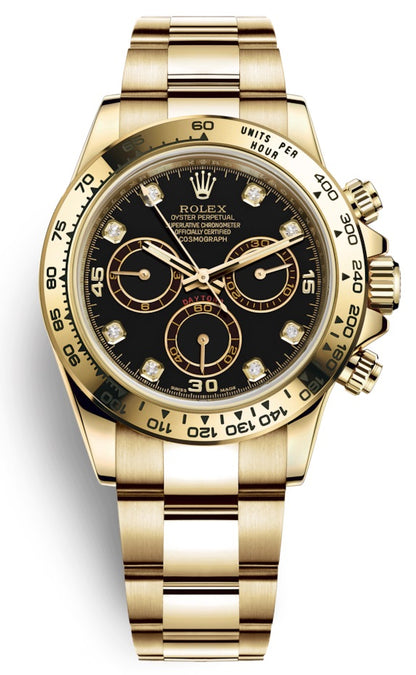 Rolex Cosmograph Daytona 40mm 18k Yellow Gold Black Diamond Dial Chronograph 116508