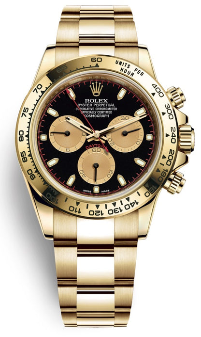 Rolex Cosmograph Daytona 40mm 18k Yellow Gold Black Champagne Dial Chronograph 116508