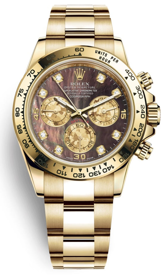 Rolex Cosmograph Daytona 40mm 18k Yellow Gold Dark Mother of Pearl Diamond Dial Chronograph 116508