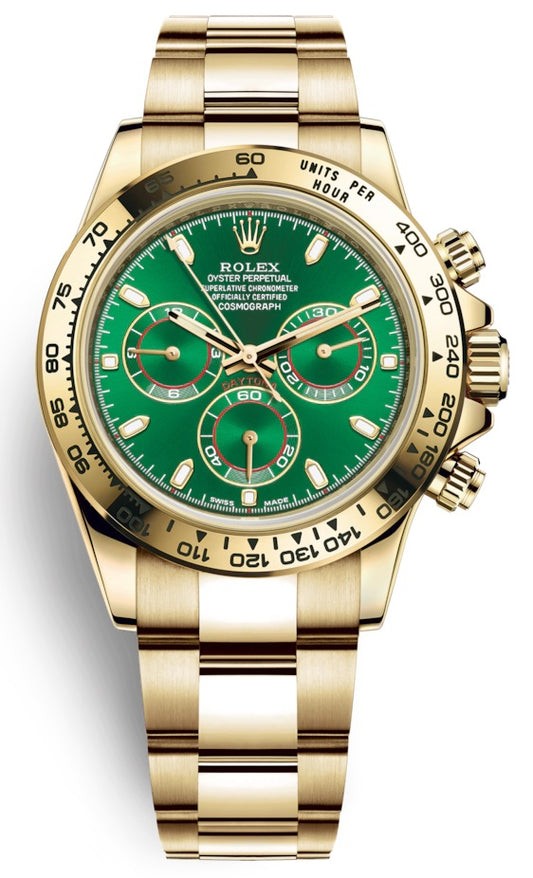 Rolex Cosmograph Daytona 40mm 18k Yellow Gold Green Dial Chronograph 116508