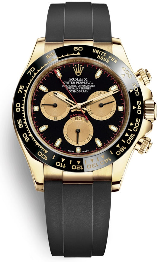 Rolex Cosmograph Daytona Yellow Gold Black and Champagne Dial Oysterflex 116518