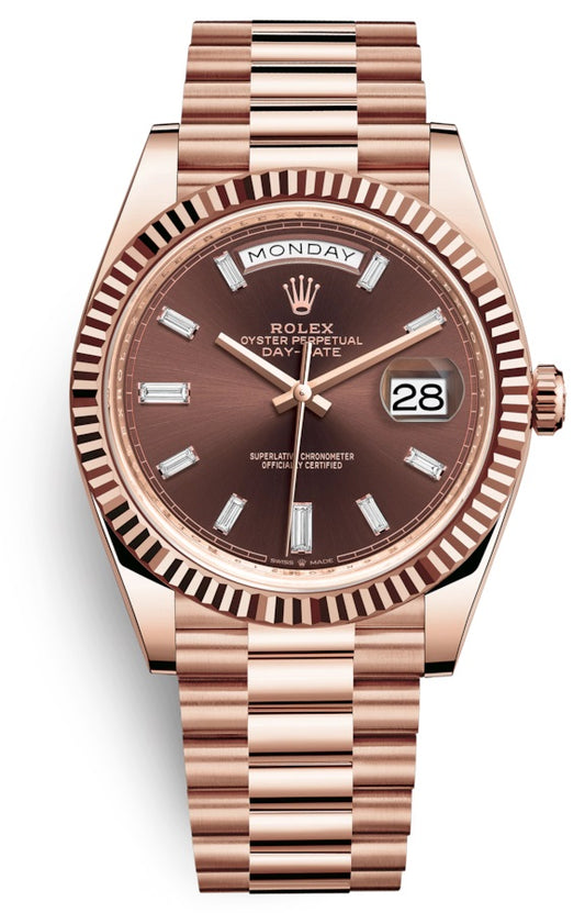 Rolex Day-Date 40 President 18k Everose Gold Chocolate Baguette Dial President 228235