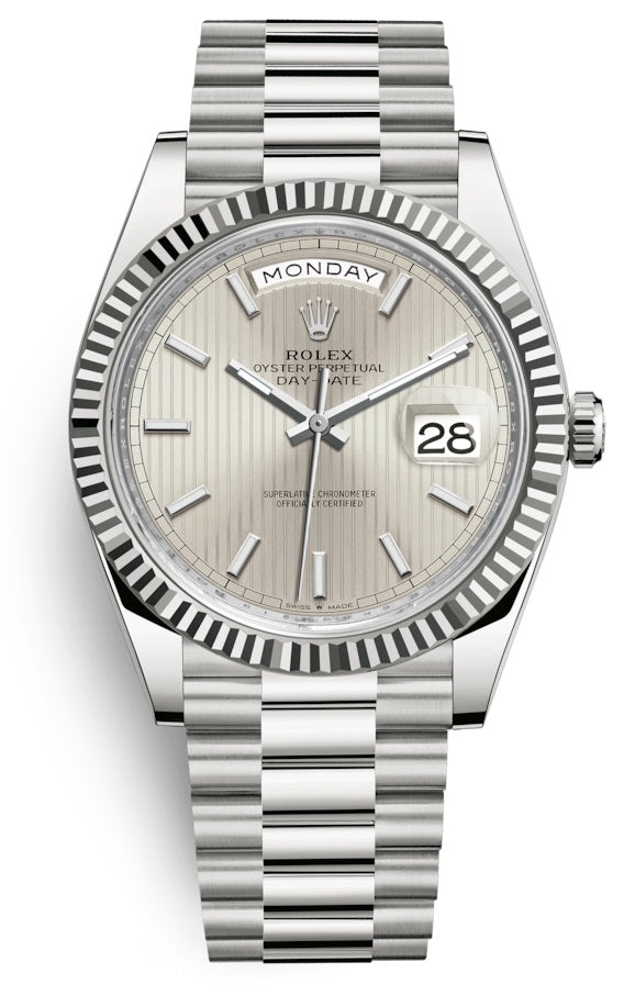 Rolex Day-Date 40 President 18k White Gold Silver Stripe Index Dial President 228239