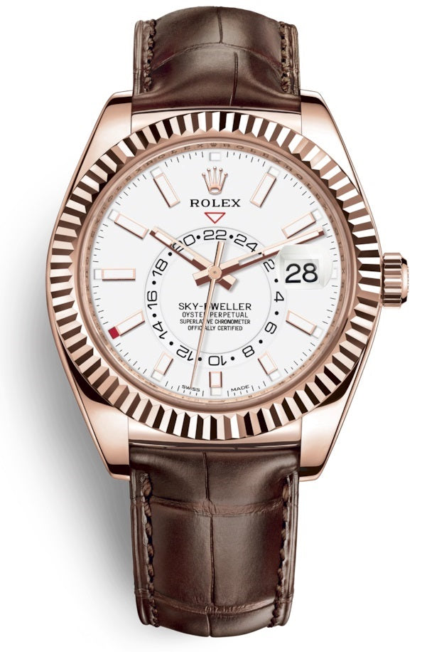 Rolex Sky-Dweller 18k Everose Gold White Dial GMT Leather Strap 326135