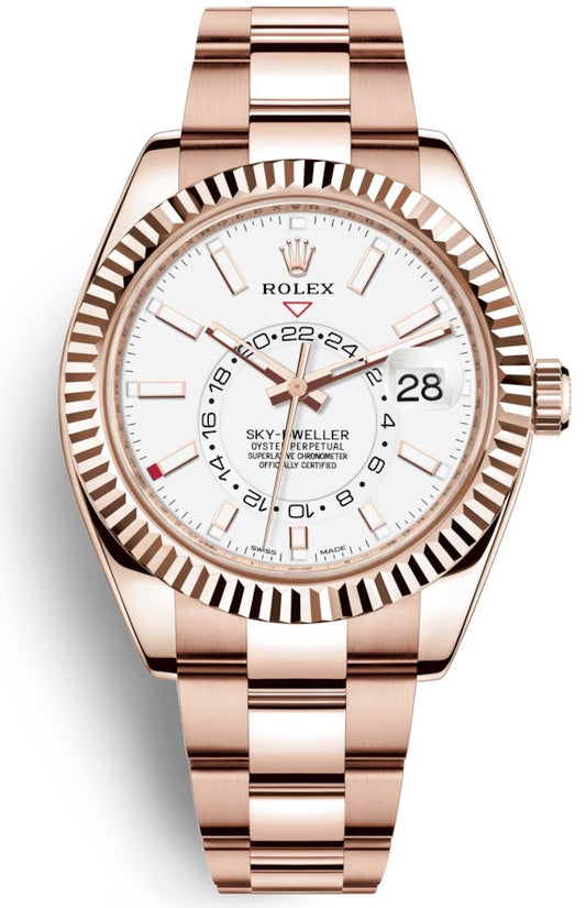 Rolex Sky-Dweller 18k Everose Gold White Index Dial GMT Rose Bracelet 326935