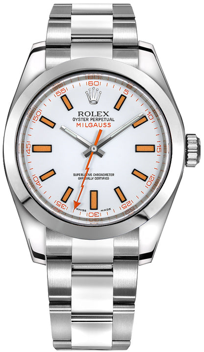 Rolex Milgauss White Dial Stainless Steel Oyster Bracelet Orange Accent 116400