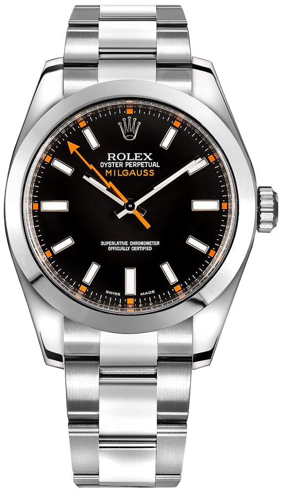 Rolex Milgauss Black Dial Stainless Steel Oyster Bracelet Orange Accent 116400