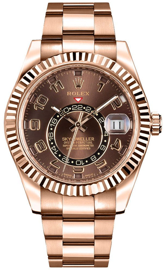 Rolex Sky-Dweller 18k Everose Gold Chocolate Arabic Dial GMT Rose Bracelet 326935