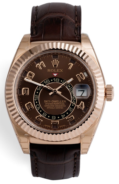 Rolex Sky Dweller Brown Dial GMT 18k Rose Gold Leather 326135 Chocolate Dial